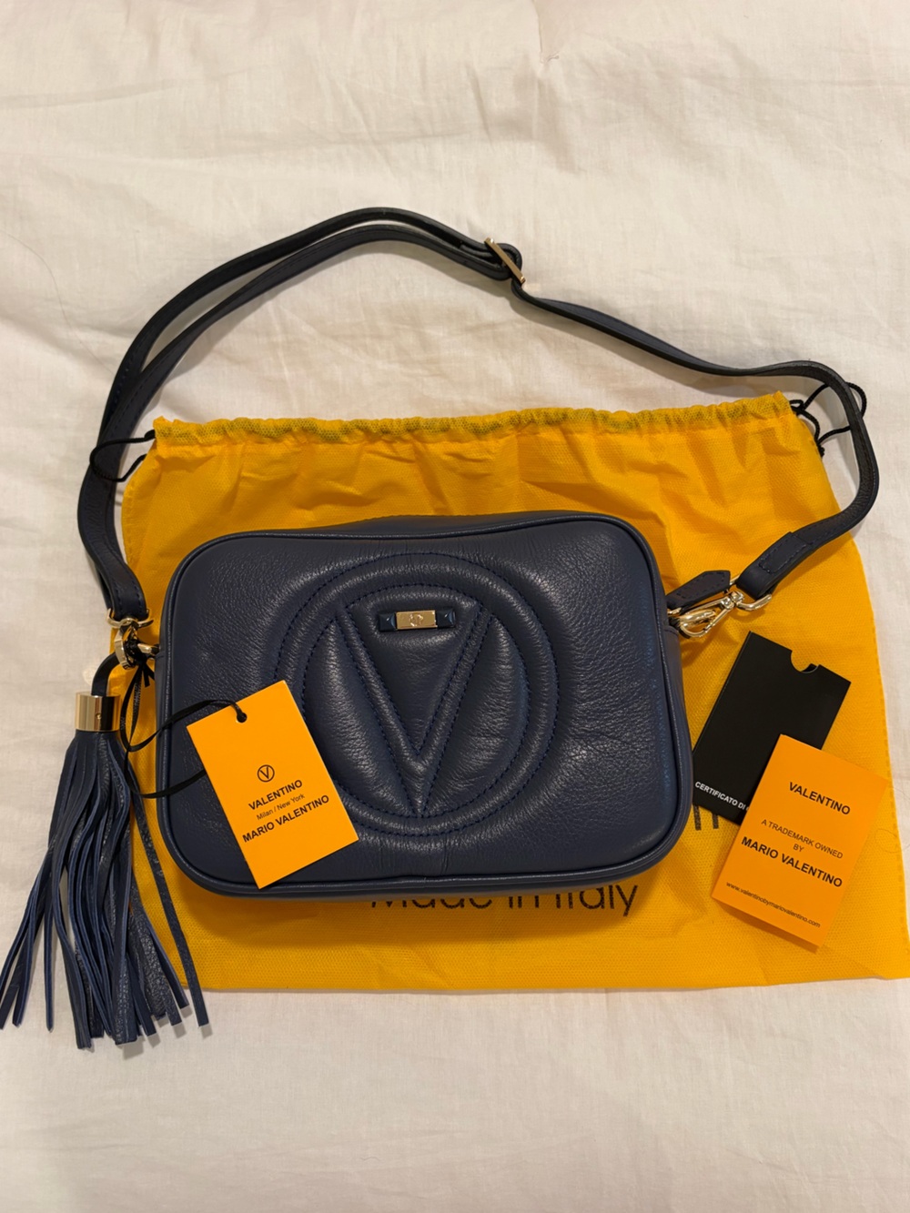 Valentino Navy Leather Crossbody Camera Bag with Tassel Accent